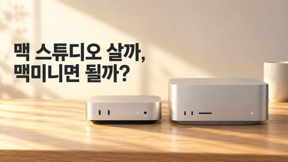 햇살 드는 원목 책상 위에 은색 맥미니와 그보다 크고 높은 은색 맥 스튜디오가 나란히 놓여 있고 왼쪽에 '맥 스튜디오 살까, 맥미니면 될까?' 제목
