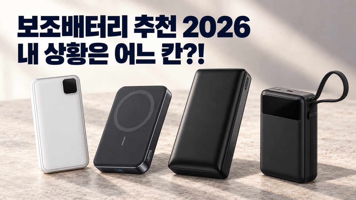 슬림 10000, 맥세이프, 20000, 65W 보조배터리 네 종을 나란히 놓은 비교 사진