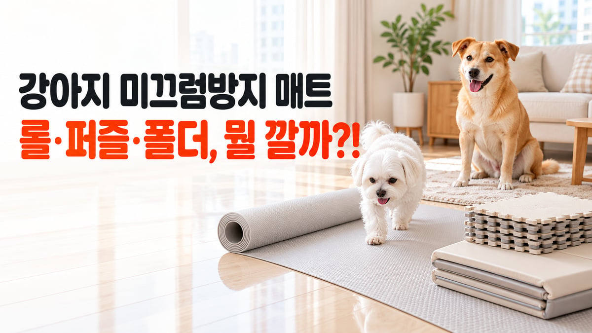 미끄러운 거실 바닥 위 회색 롤매트를 걷는 흰 말티즈와 퍼즐매트·폴더매트, 강아지 미끄럼방지 매트 롤·퍼즐·폴더 뭘 깔까