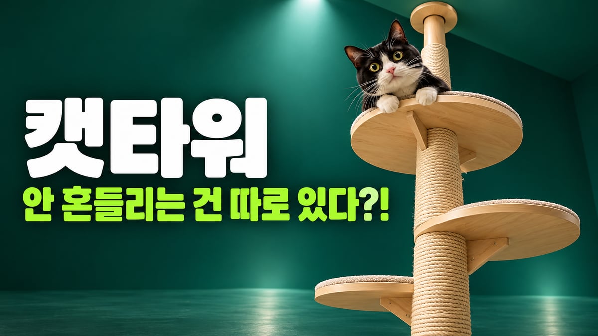 딥그린 배경 원목 캣폴 꼭대기에서 내려다보는 턱시도 고양이, 캣타워 안 흔들리는 건 따로 있다