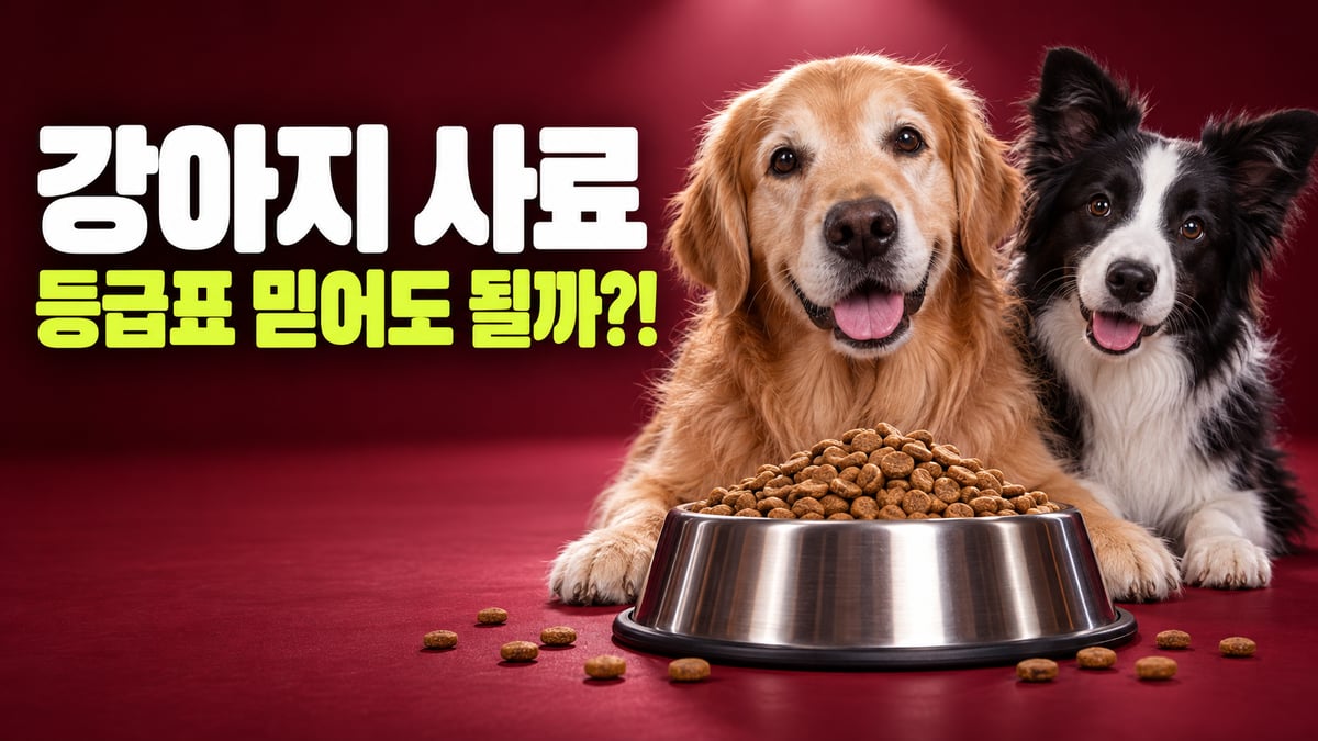 버건디 무대에서 사료가 가득한 스테인리스 그릇 뒤에 앉은 골든 리트리버와 보더콜리, 강아지 사료 등급표 믿어도 될까