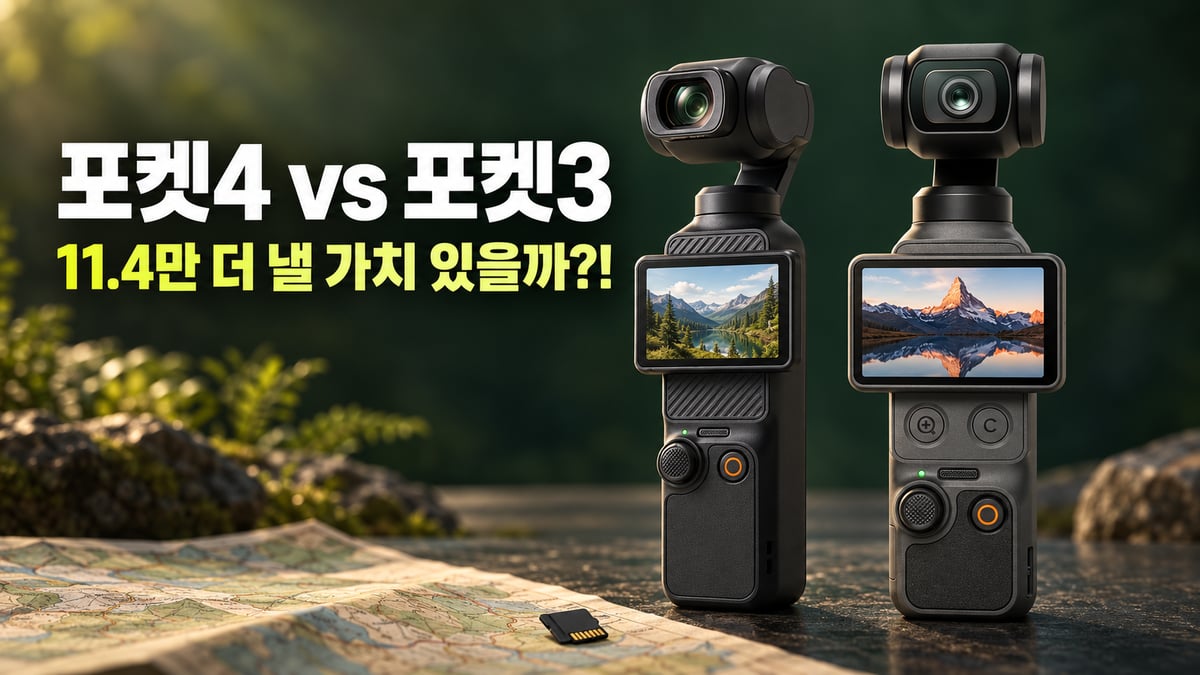 오즈모 포켓4와 포켓3가 초록 배경에 나란히 서 있고 바닥에 여행 지도와 microSD 카드가 놓인 비교 썸네일. 제목 '포켓4 vs 포켓3, 11.4만 더 낼 가치 있을까?!'
