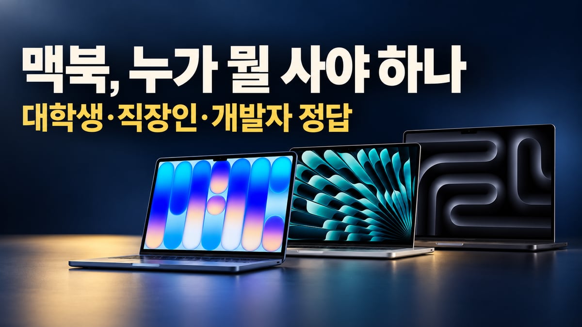 짙은 남색 배경 위에 인디고 맥북 네오, 은색 맥북 에어, 어두운 맥북 프로가 나란히 열려 있고 '맥북, 누가 뭘 사야 하나 / 대학생·직장인·개발자 정답' 문구가 적힌 썸네일