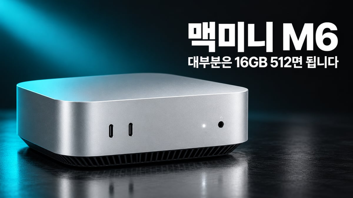 차콜 배경에 청록빛을 받은 은색 맥미니 M6(앞면 왼쪽 USB-C 두 개, 오른쪽 표시등과 이어폰 단자)와 '맥미니 M6, 대부분은 16GB 512면 됩니다' 제목