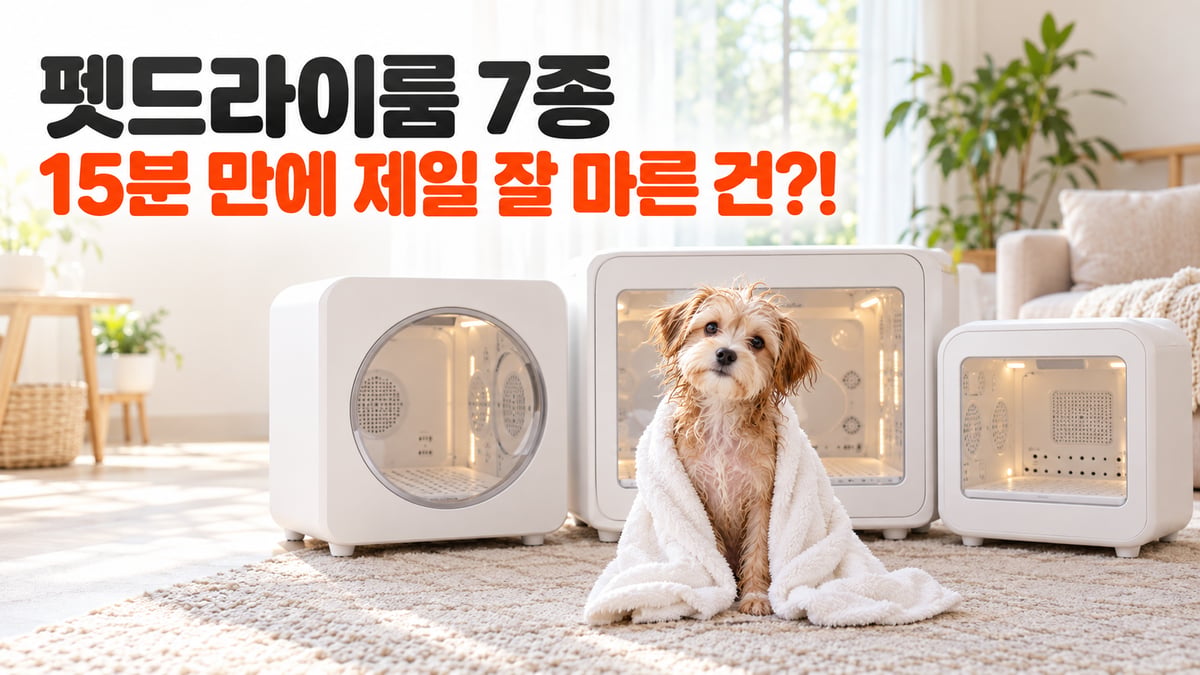 생김새가 다른 펫드라이룸 세 대 앞에 수건을 두른 젖은 강아지가 앉아 있는 모습, 펫드라이룸 7종 15분 만에 제일 잘 마른 건