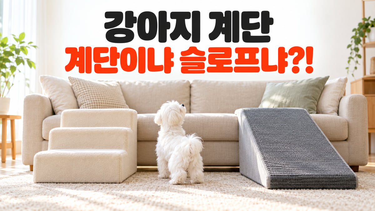 베이지 소파 앞에 놓인 강아지 계단형 스텝과 회색 슬로프를 흰 말티즈가 올려다보는 모습, 강아지 계단 vs 슬로프 비교