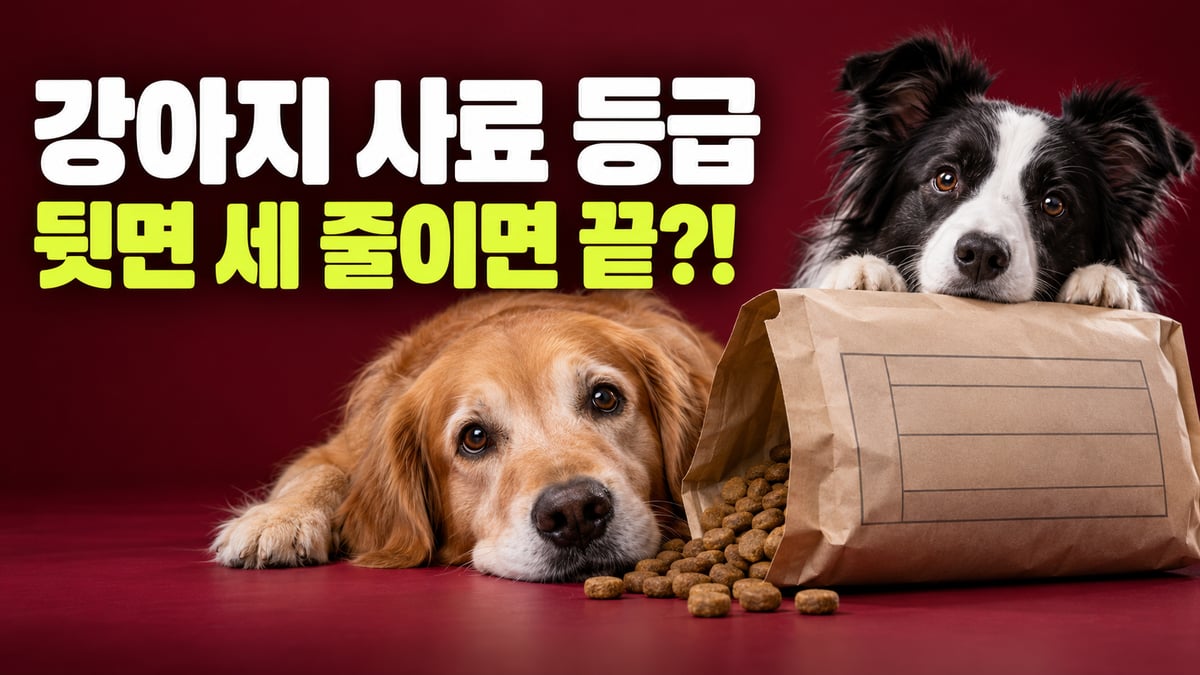 버건디 배경에서 골든 리트리버가 사료 봉투 옆에 엎드리고 보더콜리가 봉투 위로 내다보는 모습, 강아지 사료 등급 뒷면 세 줄이면 끝