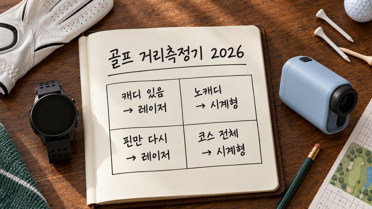 클럽하우스 나무 탁자 위 수첩에 손글씨로 적은 4칸 메모: 캐디 있음은 레이저, 노캐디는 시계형, 핀만 다시는 레이저, 코스 전체는 시계형