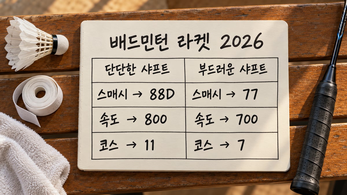 체육관 벤치 위 수첩에 손글씨로 적은 3×2 메모: 단단한 샤프트는 88D·800·11, 부드러운 샤프트는 77·700·7