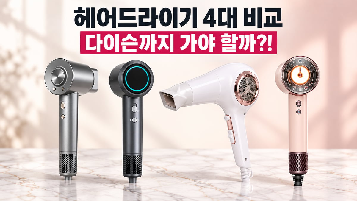 로티마, 신일, JMW 팬텀, 다이슨 뉴럴 헤어드라이기 네 대를 대리석 위에 나란히 세운 비교 썸네일