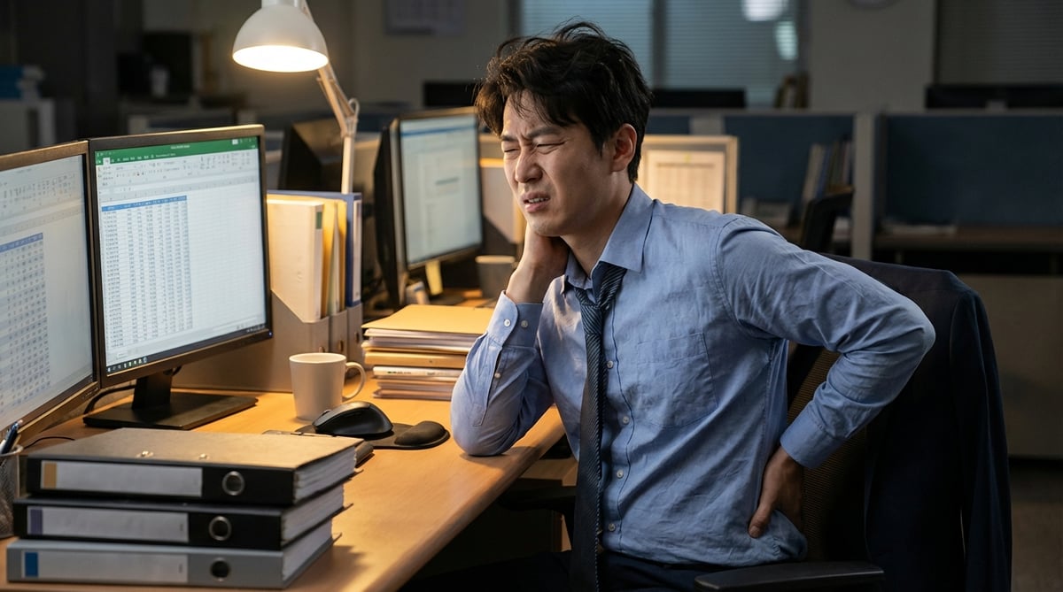 퇴근 후 사무실에서 뻣뻣한 목과 허리를 주무르는 30대 직장인 남성