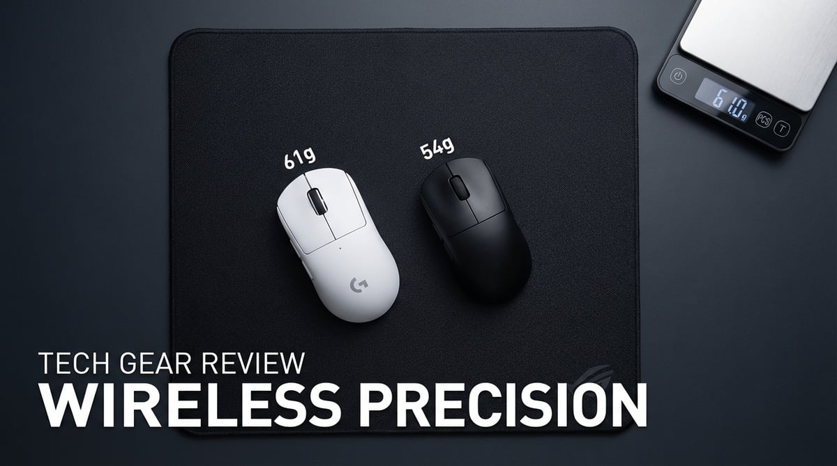 흰색 로지텍과 검은색 레이저 게이밍 마우스를 위에서 촬영한 크기·무게 비교 사진