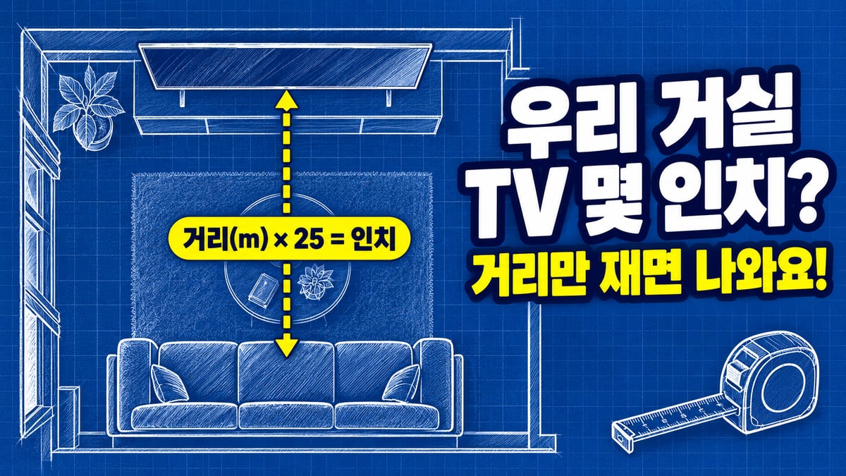 거실 평면도 위 소파와 TV 사이 거리 — 거리(m)×25 = 적정 인치