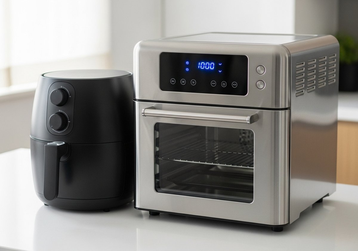 미니멀한 화이트 주방 조리대 위에 블랙 바스켓형 에어프라이어와 유리문 오븐형 에어프라이어가 나란히 놓인 모습