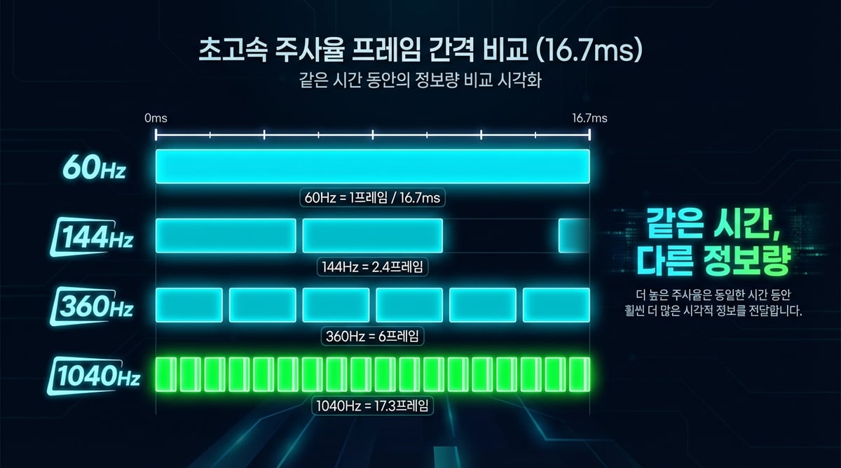60Hz, 144Hz, 360Hz, 1040Hz 주사율별 같은 시간 내 프레임 수 비교 인포그래픽