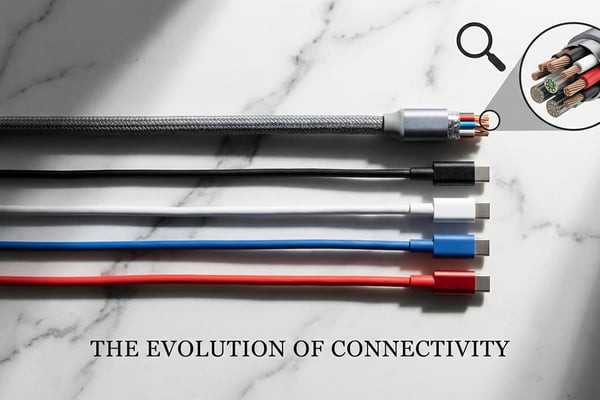 다양한 두께와 색상의 USB-C 케이블 5개가 흰색 대리석 표면 위에 나란히 놓여 있고, 한 케이블 끝이 확대되어 내부 핀 구조와 배선 복잡성을 보여준다.