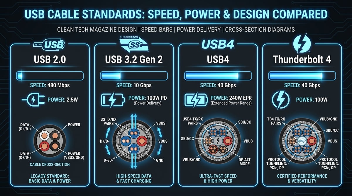 USB 2.0, USB 3.2 Gen 2, USB4, Thunderbolt 4 케이블의 속도, 전력, 내부 구조를 비교하는 인포그래픽.
