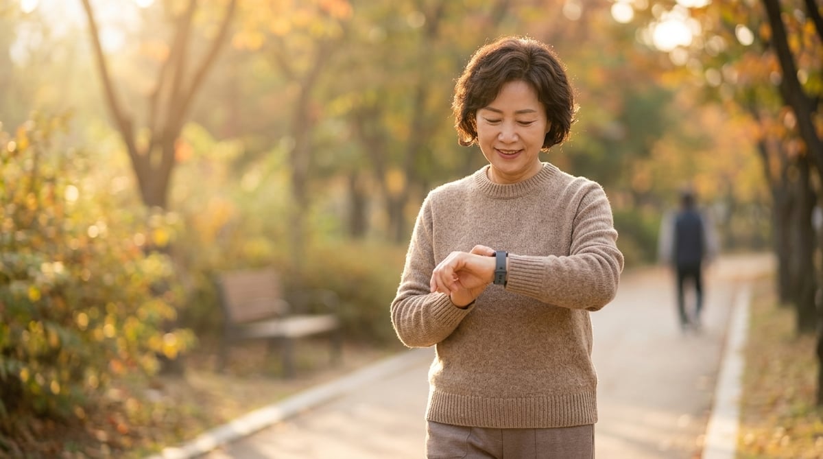 가을 공원을 산책하며 손목의 갤럭시 핏3 밴드를 확인하는 60대 한국 엄마