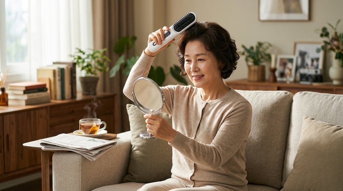 거실 소파에서 무선 브러쉬 스타일러로 짧은 파마머리 뿌리 볼륨을 살리는 60대 한국 여성