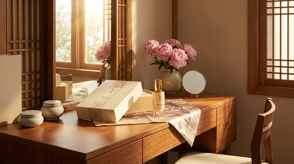 설화수 스킨케어 세트가 놓인 엄마 화장대, 봄꽃과 함께