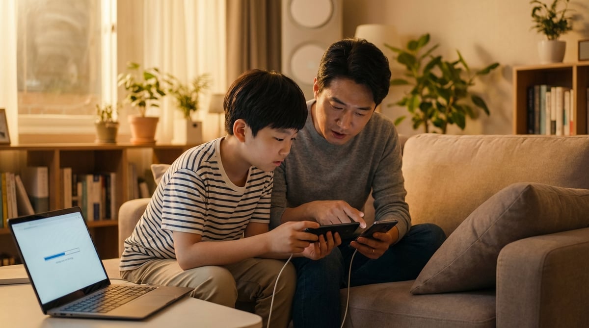 아들에게 자신의 이전 스마트폰 데이터를 옮겨주며 세팅하는 한국인 아버지