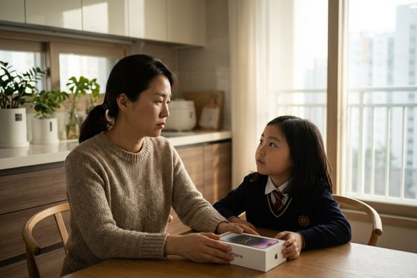 초등학생 딸과 핸드폰 구매를 고민하는 한국인 엄마의 따뜻한 주방 풍경