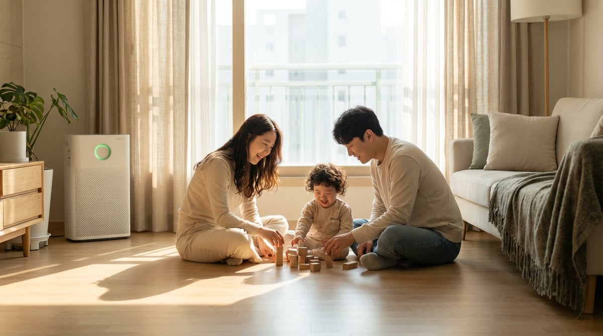 미세먼지 농도가 높은 날 거실 공기청정기 옆에서 아이와 놀고 있는 한국 가족