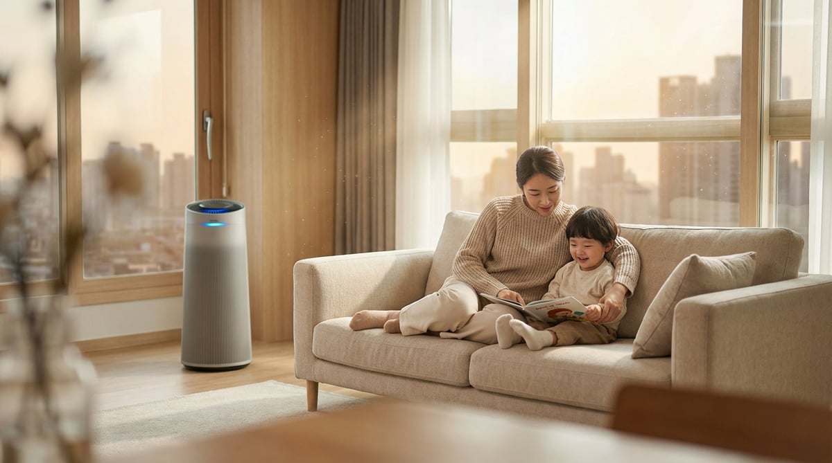 넓은 한국 아파트 거실에서 공기청정기가 작동하고 있는 라이프스타일 장면