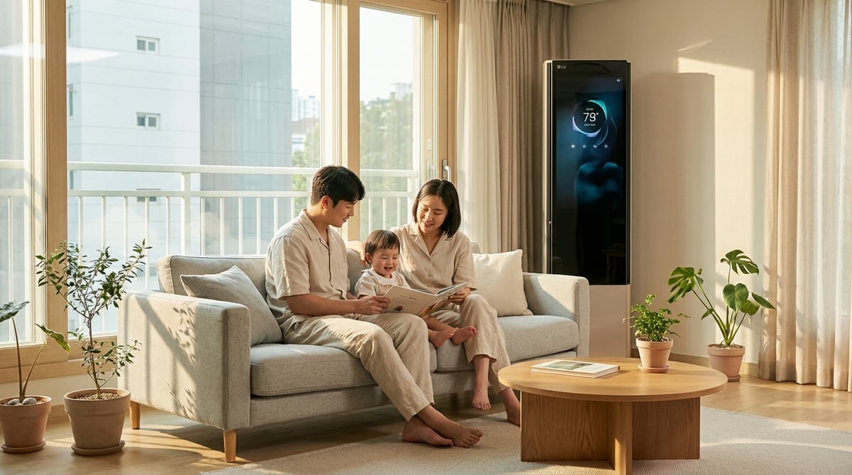 현대적인 한국 아파트 거실에서 가족이 에어컨이 켜진 채로 편안하게 시간을 보내는 장면