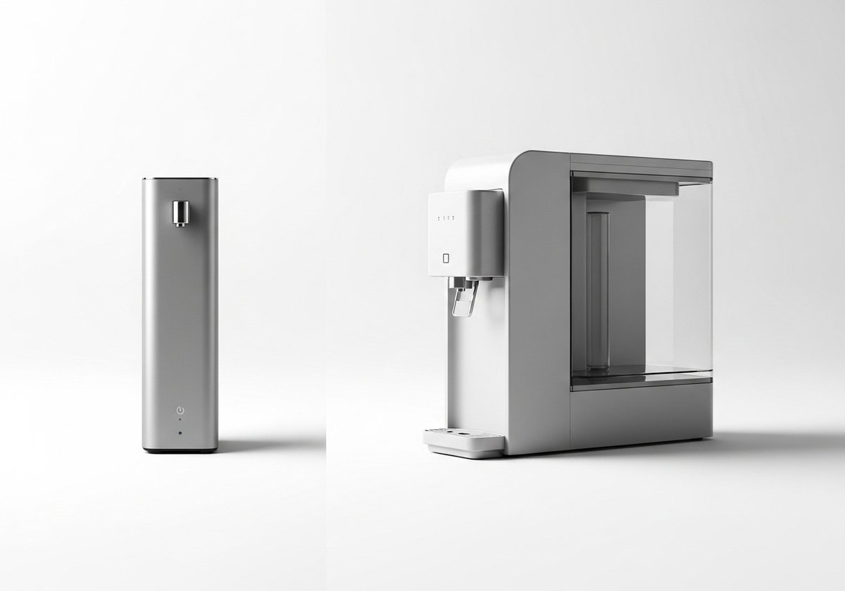 슬림한 직수형 정수기와 대형 저수형 정수기를 나란히 놓아 크기 차이를 보여주는 비교 사진