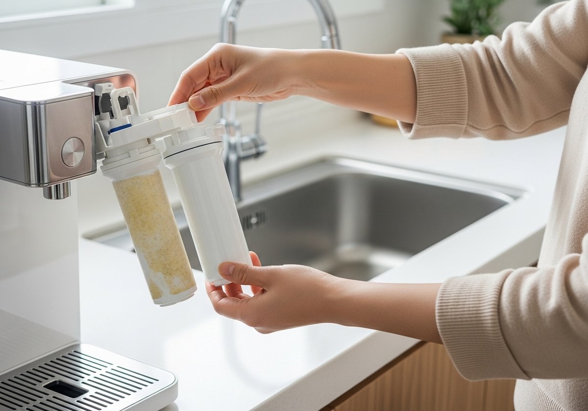 정수기 필터 카트리지를 교체하는 모습, 사용한 누런 필터와 새 하얀 필터의 색상 차이가 선명하게 보임