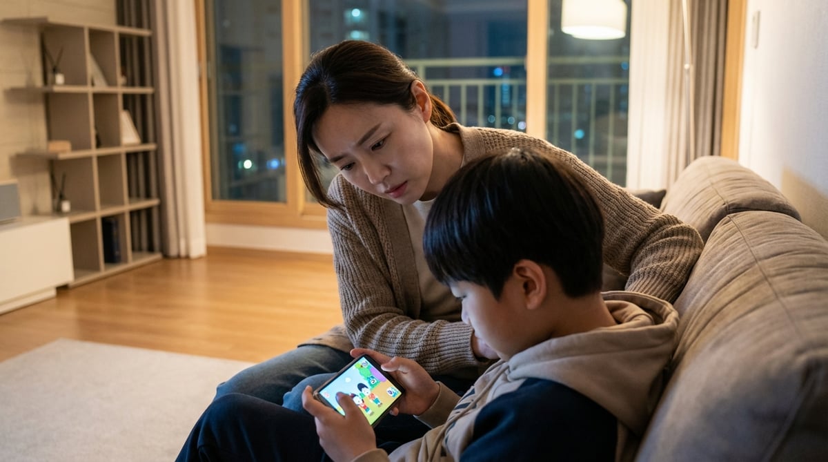 소파에서 스마트폰에 빠진 아이를 걱정스럽게 바라보는 한국인 엄마