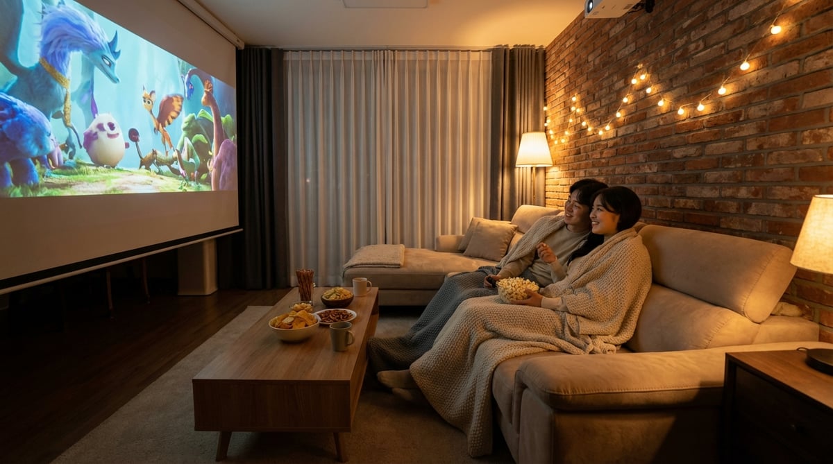 아늑한 거실에서 프로젝터로 대형 화면 영화를 보며 데이트하는 30대 한국 커플