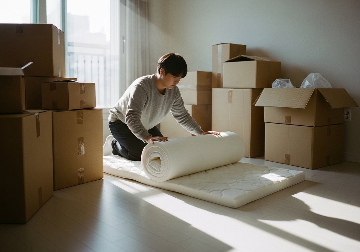 밝은 원룸에서 흰색 메모리폼 토퍼를 돌돌 말고 있는 청년, 주변에 이사 박스가 쌓여 있는 이사 당일 모습