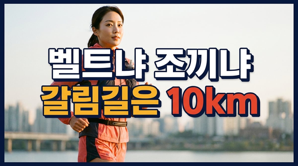 러닝조끼와 러닝벨트를 함께 착용하고 새벽 한강을 달리는 여성 러너 — 벨트냐 조끼냐 갈림길은 10km