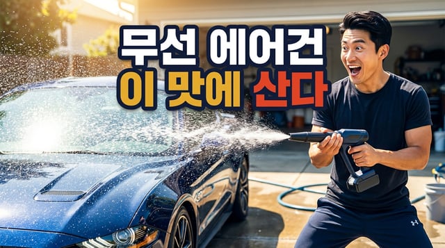 밝은 야외 세차장에서 무선 에어건으로 자동차 표면의 물기를 시원하게 날려버리며 만족스러워하는 한국인 남성