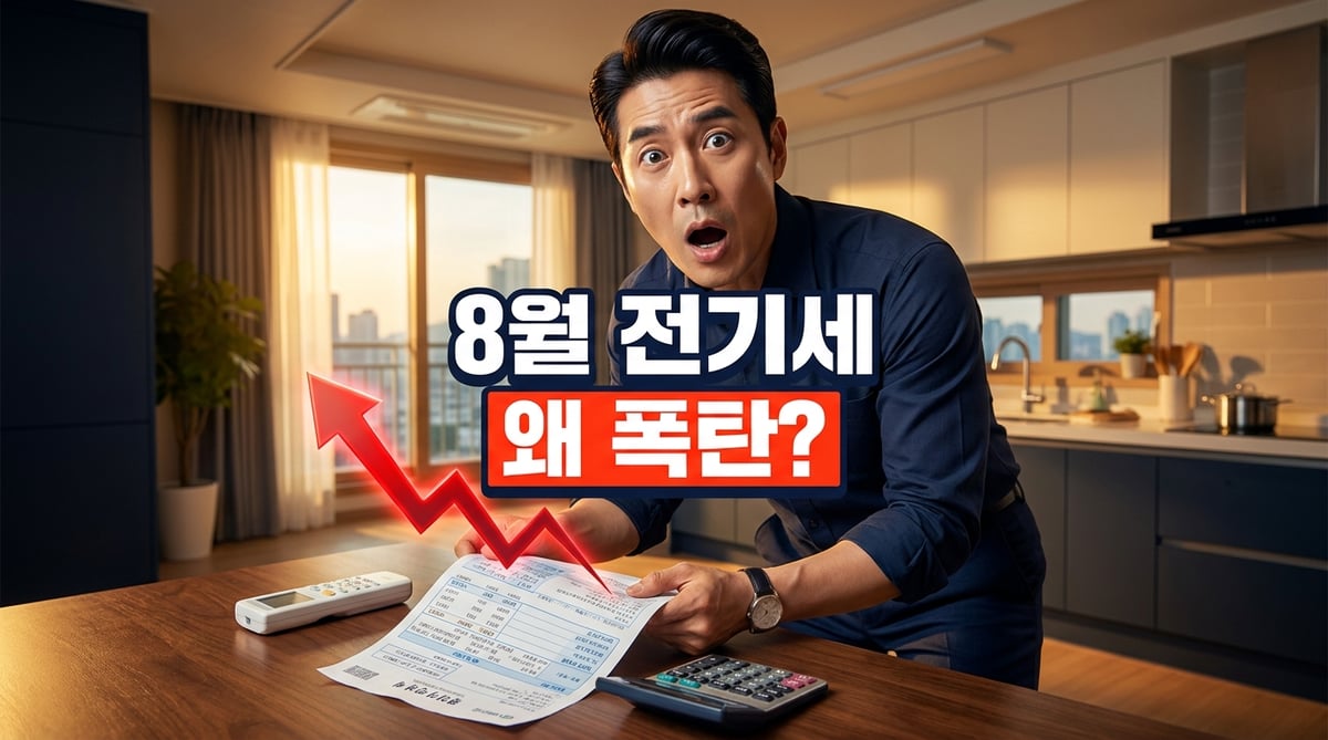 여름 저녁 주방에서 전기요금 고지서를 보고 놀란 40대 한국 남성과 급등 그래프, '8월 전기세 왜 폭탄?' 문구