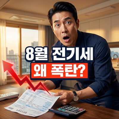 여름 저녁 주방에서 전기요금 고지서를 보고 놀란 40대 한국 남성과 급등 그래프, '8월 전기세 왜 폭탄?' 문구