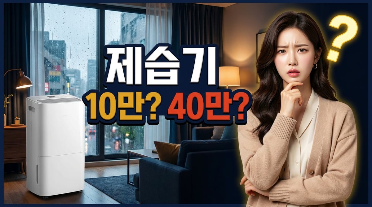 제습기 10만 원과 40만 원 사이에서 고민하는 여성과 장마철 빗방울 맺힌 거실에 놓인 제습기 썸네일