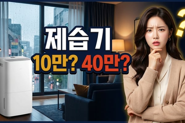 제습기 10만 원과 40만 원 사이에서 고민하는 여성과 장마철 빗방울 맺힌 거실에 놓인 제습기 썸네일