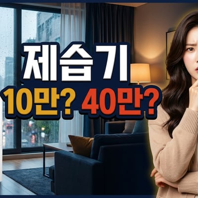 제습기 10만 원과 40만 원 사이에서 고민하는 여성과 장마철 빗방울 맺힌 거실에 놓인 제습기 썸네일