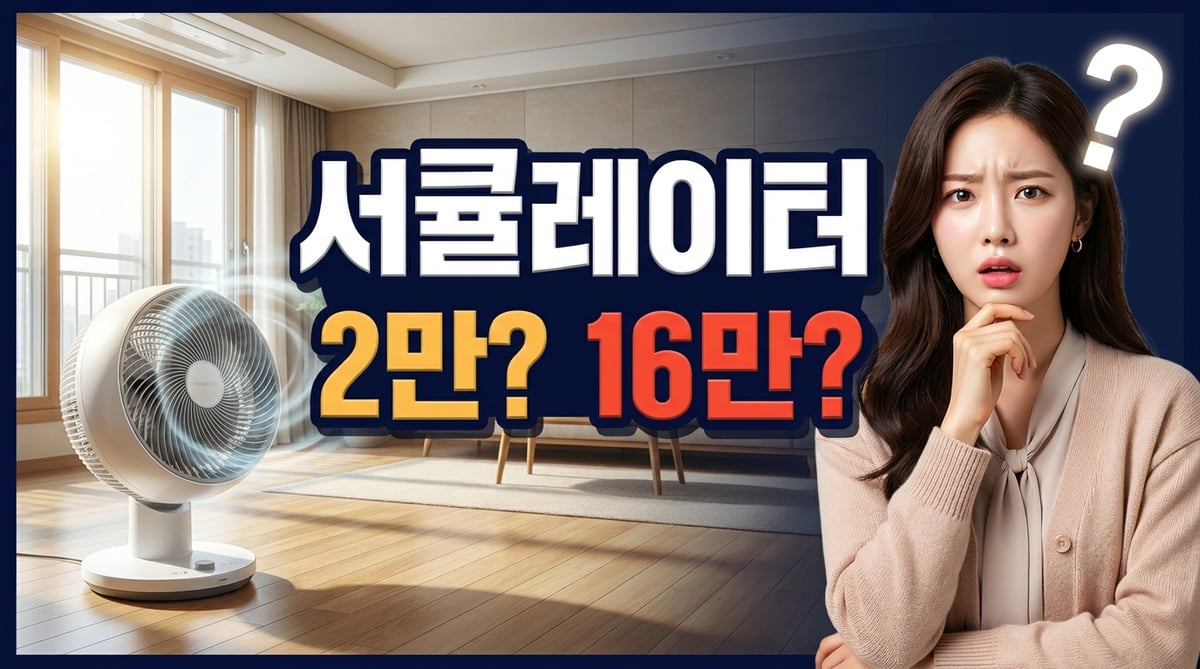 서큘레이터 2만 원과 16만 원 차이를 고민하는 여성과 여름 거실에 놓인 서큘레이터 썸네일