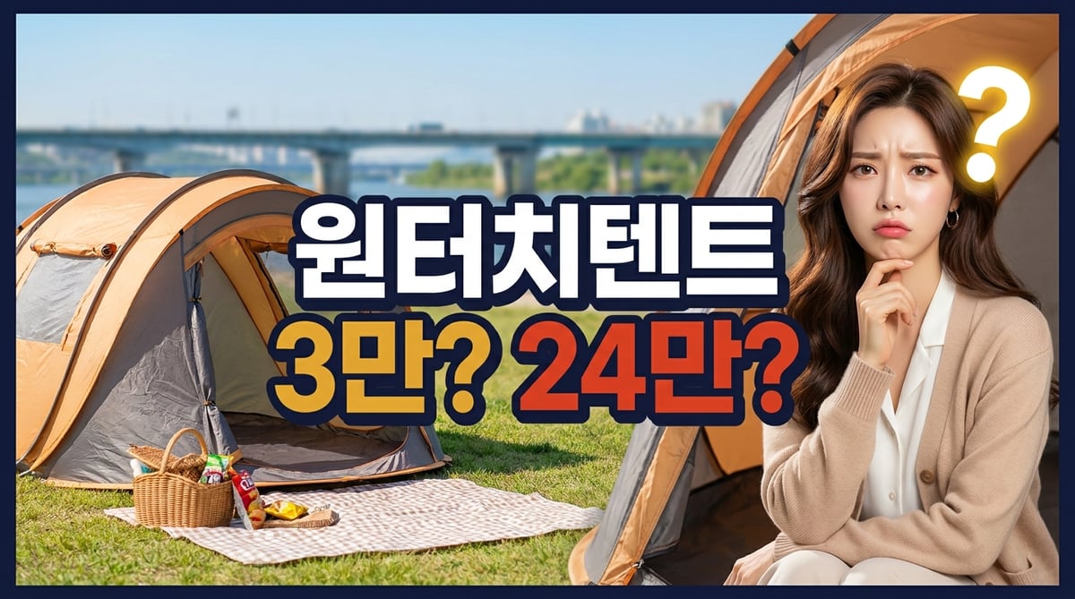 한강공원 잔디밭에 펼친 원터치텐트 앞에서 3만 원과 24만 원 사이를 고민하는 여성 썸네일