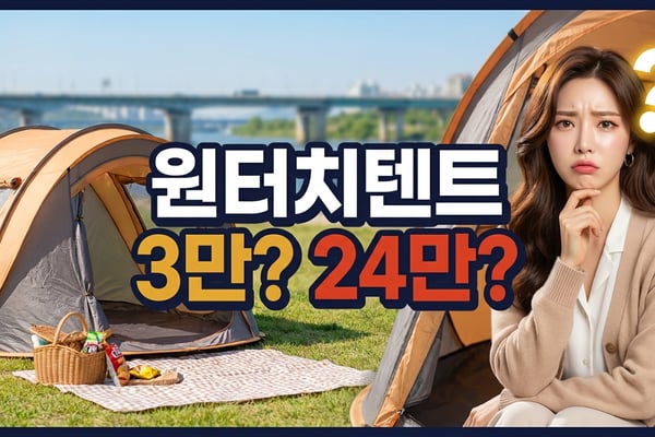 한강공원 잔디밭에 펼친 원터치텐트 앞에서 3만 원과 24만 원 사이를 고민하는 여성 썸네일
