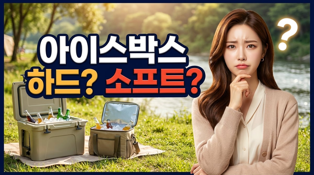 강변 캠핑장에서 하드 아이스박스와 소프트 쿨러백을 두고 고민하는 여성 썸네일