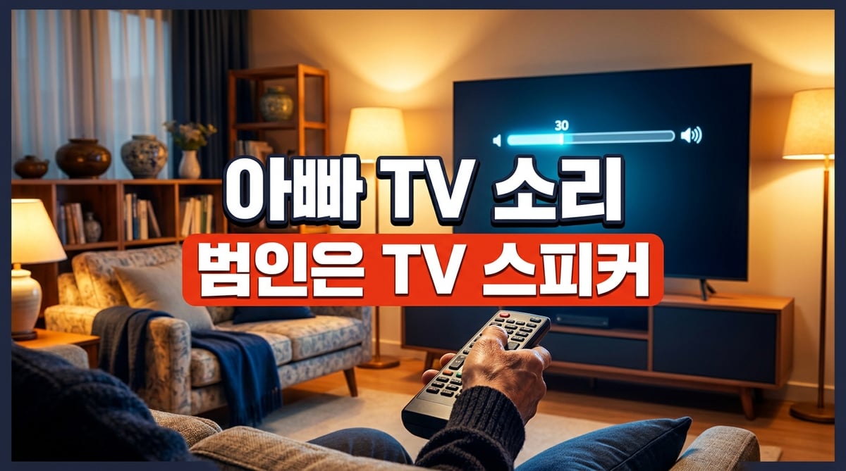 볼륨 30이 표시된 거실 TV를 향해 리모컨을 든 어르신의 손 — 부모님 TV 소리 문제의 범인은 TV 스피커