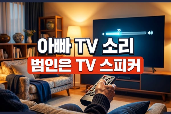 볼륨 30이 표시된 거실 TV를 향해 리모컨을 든 어르신의 손 — 부모님 TV 소리 문제의 범인은 TV 스피커
