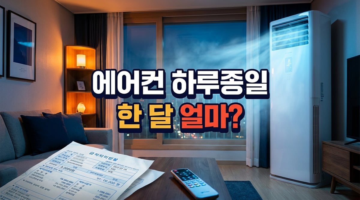 한여름 밤 거실에서 스탠드 에어컨이 켜져 있고 테이블에 전기요금 고지서와 리모컨이 놓인 장면, '에어컨 하루종일 한 달 얼마?' 문구