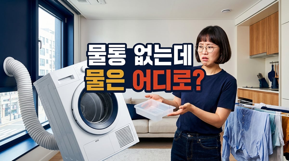 물통이 없는 미니 건조기 옆에서 배기 호스와 빈 물통을 보며 의아해하는 원룸 거주자