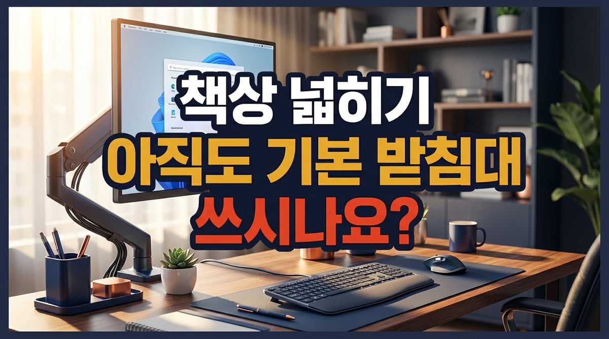 아침 햇살이 비치는 깔끔한 홈 오피스 책상에 모니터암으로 띄워진 모니터가 설치되어 있어 케이블이 정리된 넓은 작업 공간을 보여줍니다.